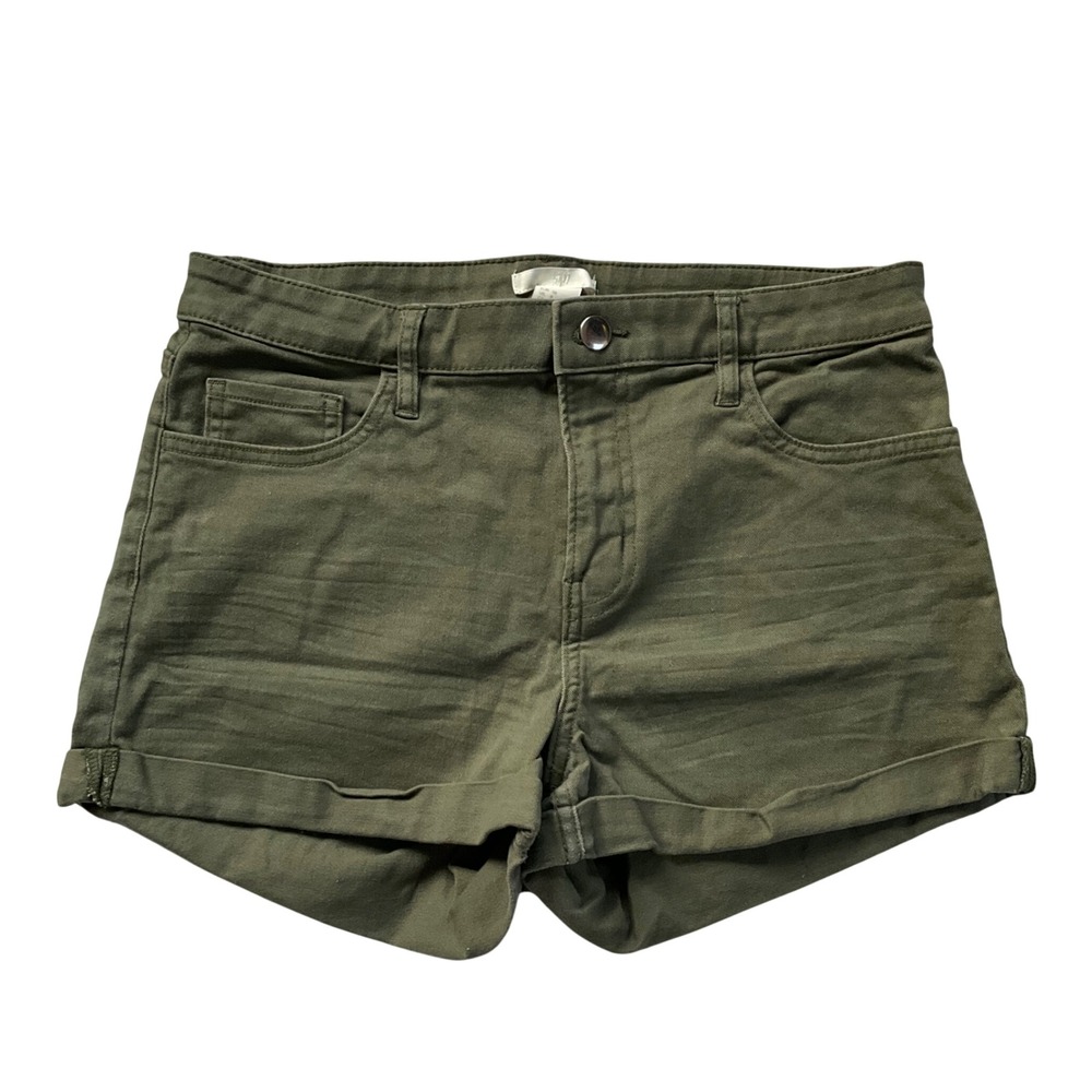 HM Olive Army Green Denim  Stretch Cuffed Chino Shorts Size 8 Utility High Rise